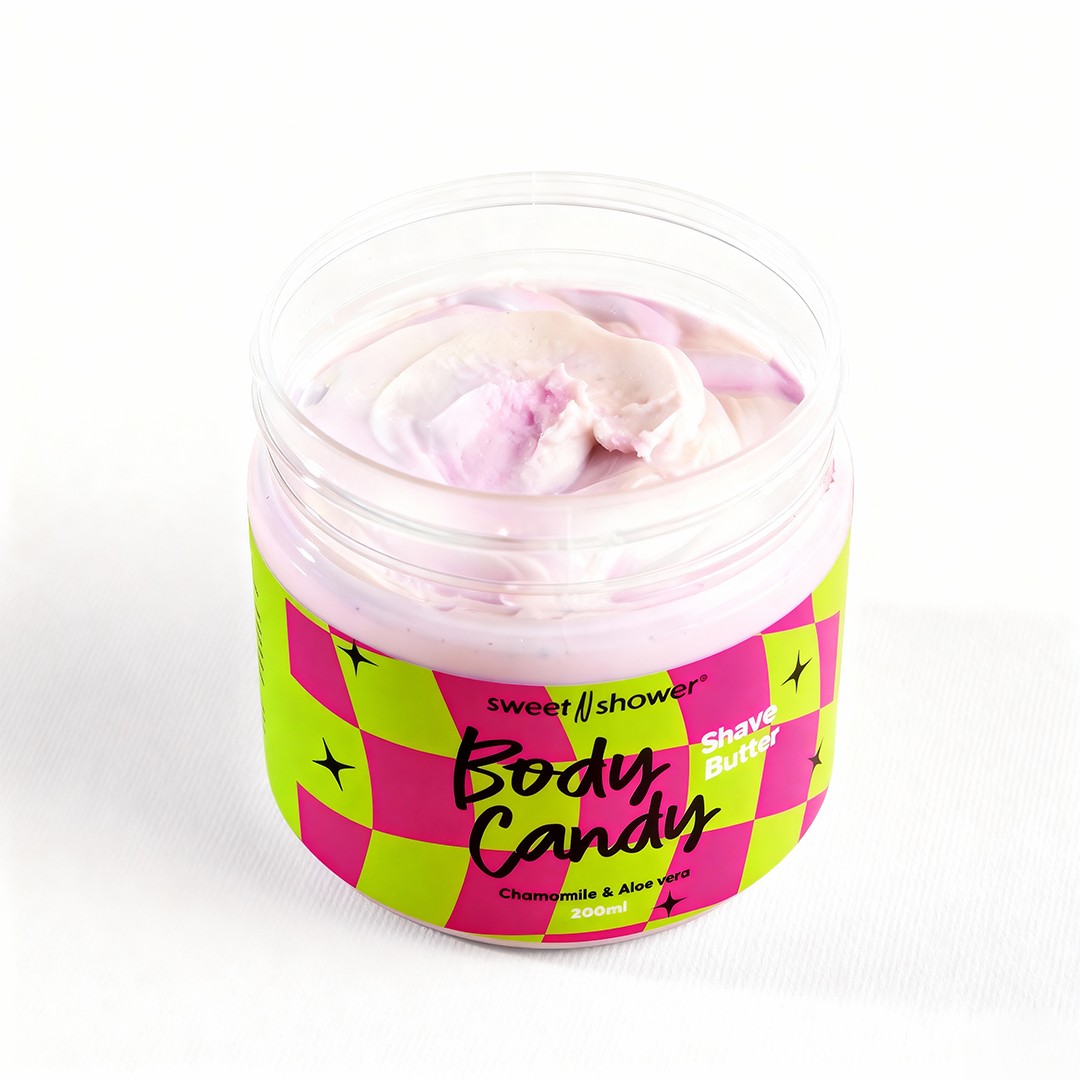 Sweetnshower Body Candy Shave Butter jar, featuring a swirl of pink and white butter and a bright green checkered label with 'Chamomile & Aloe Vera