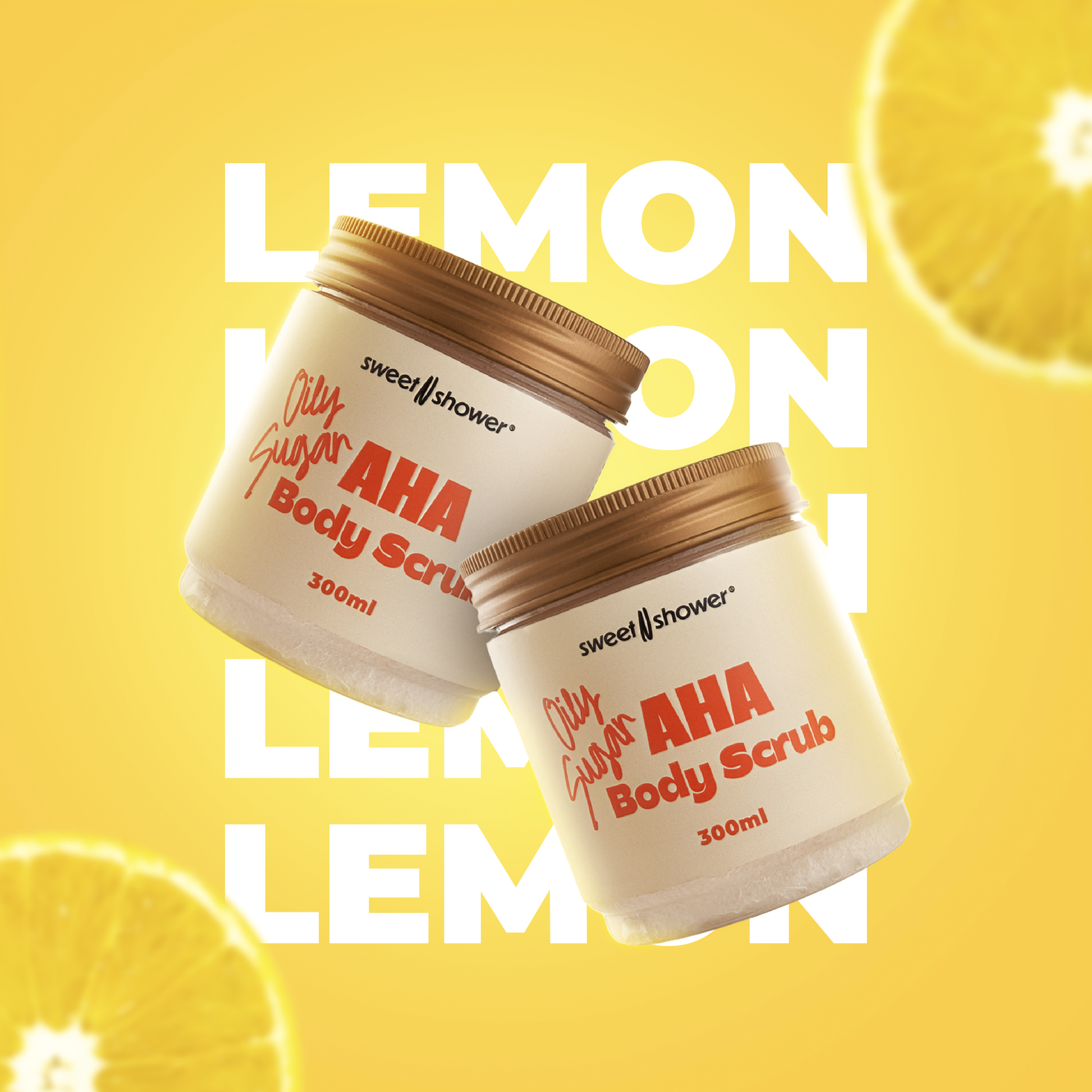 Two jars of 'Oily Sugar AHA Body Scrub' with lemons on a yellow background