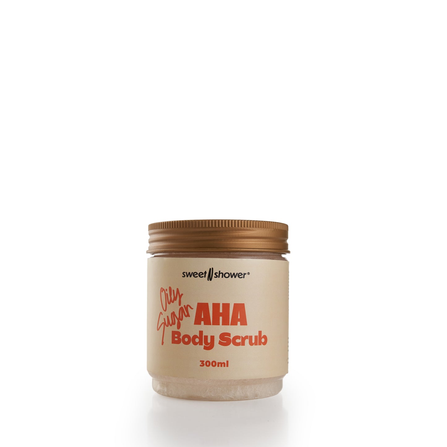 Jar of AHA body scrub with a brown lid on a white background