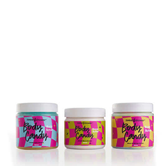 Three jars of Sweetnshower Body candy Full shave routine including colored sugar scrub then shave colored butter and finally body butter hydrate 