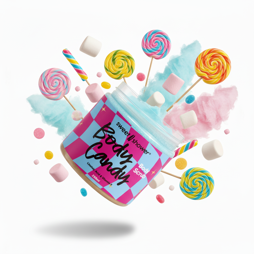 Jar of 'Sweet Body Candy' scrub with candy-themed decorations on a white background