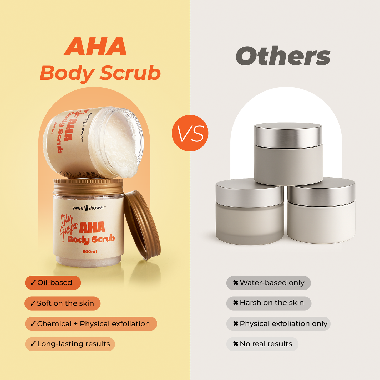 Comparison of AHA body scrub with other products on a yellow and white background