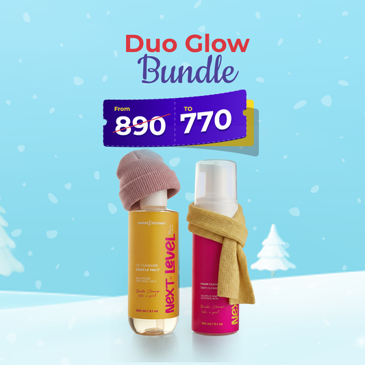 Two Sweetnshower skincare bottles with a price tag indicating a bundle discount on a snowy background