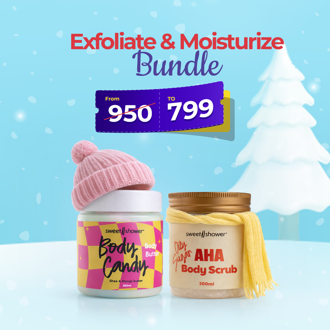Two Sweetnshower body care products with a pink and winter vibe beanie and discount banner on a snowy background