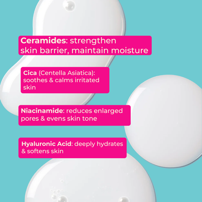 face milk product with text highlighting ceramides, cica, niacinamide, and hyaluronic acid benefits on a blue background.