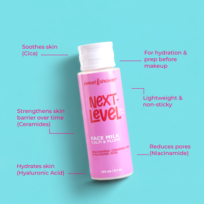 Pink face milk bottle with text on a teal background