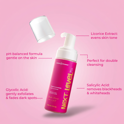 Pink bottle of 'Next Level' facial cleanser with text on a pink background