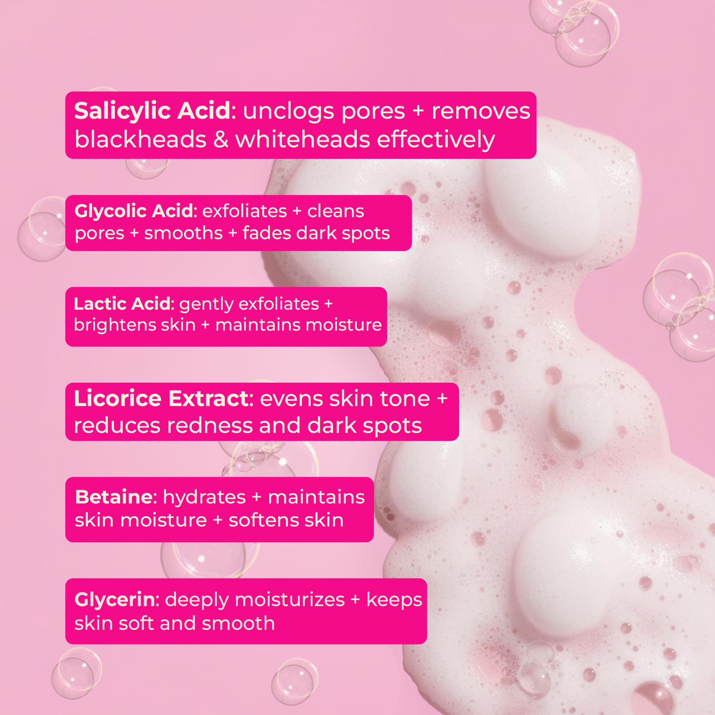 Foam with text about Sweetnshower next level skin care line ingredients on a pink background