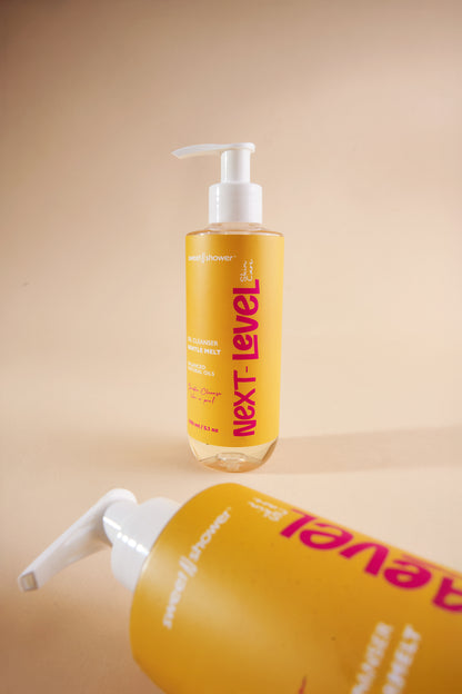 Two bottles of 'Next Level' Skincare product on a beige background