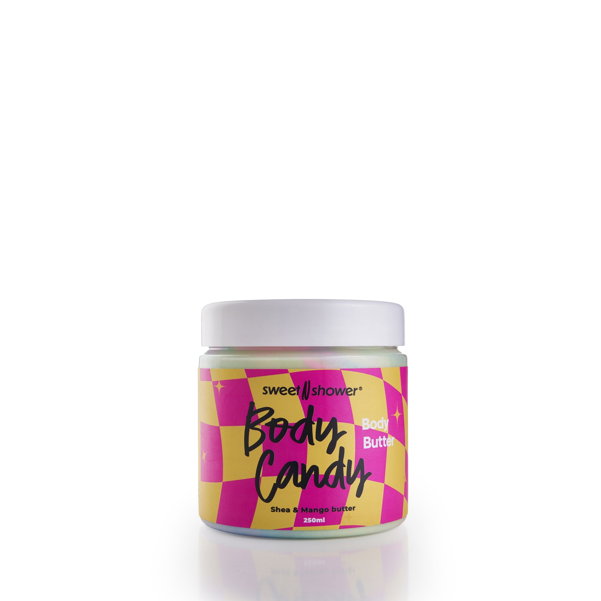 Jar of 'Body Candy' body butter with a checkered design on a white background