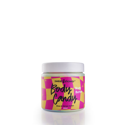 Jar of 'Body Candy' body butter with a checkered design on a white background
