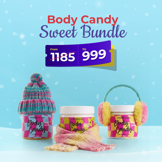 Body Candy Sweet Bundle with colorful items on a blue background