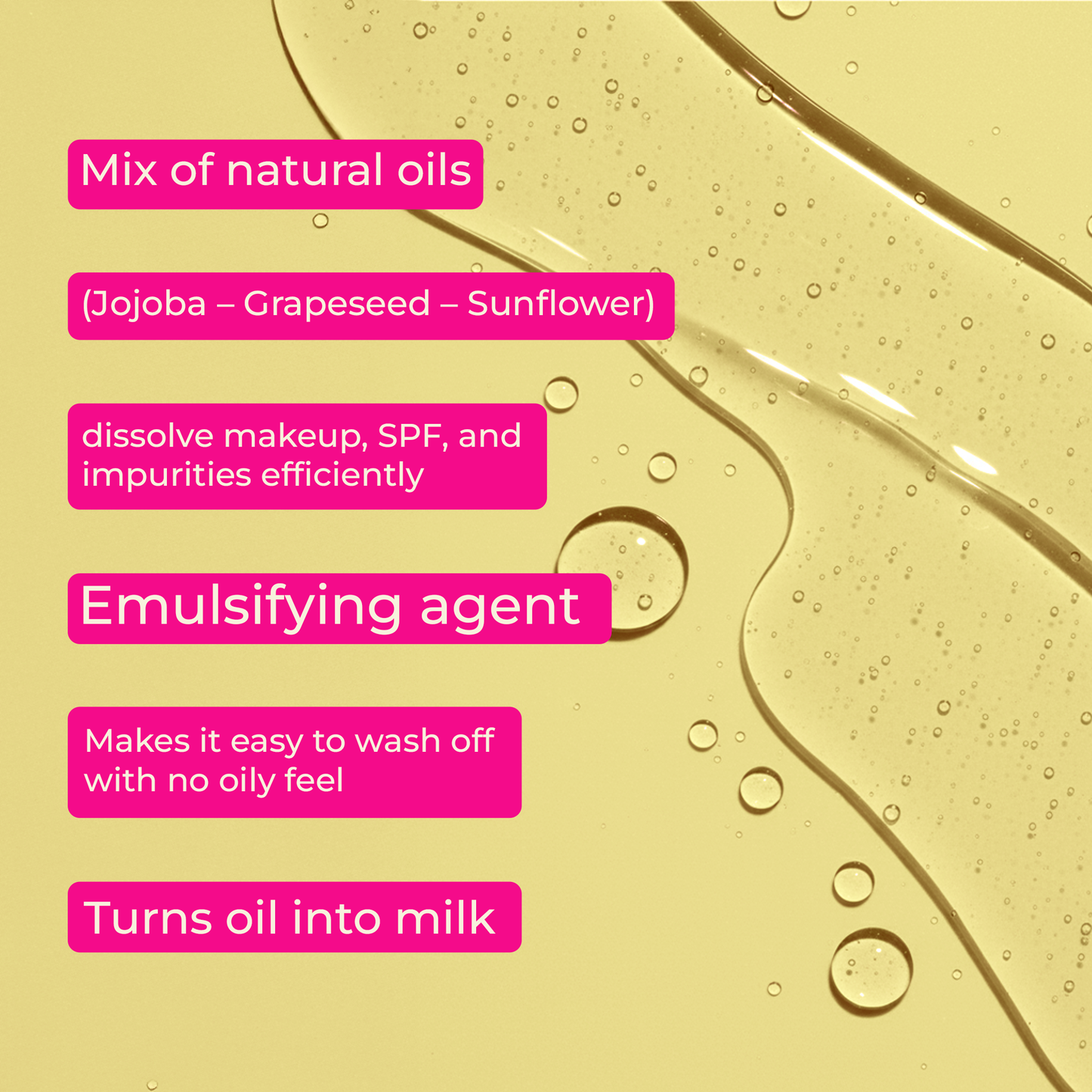Text overlay on a yellow background with oil droplets, describing natural oils and emulsifying agent properties.