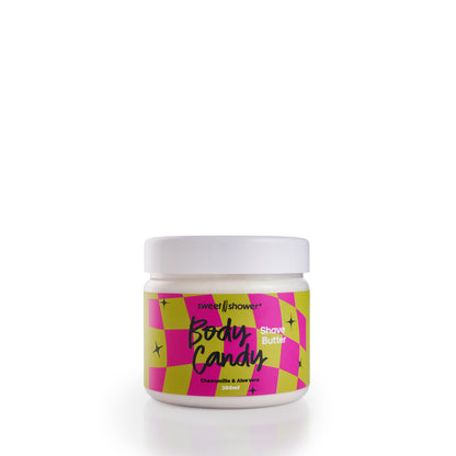 Jar of body candy shave butter with colorful label on a SweetnShower white background