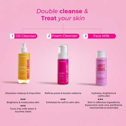 3 steps of Korean beauty routine for glass skin consist of oil cleanser bottle with pump then foam cleanser bottle then milky toner in controlled neck bottle